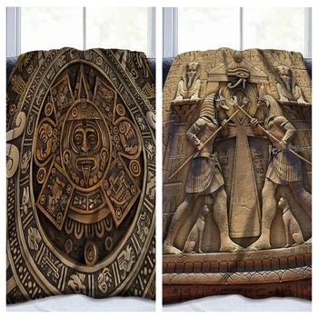 Genčių majų tekstūruoti pagoniški ornamentai ir senovės egiptiečių mitologija minkšta šilta flanelinė antklodė