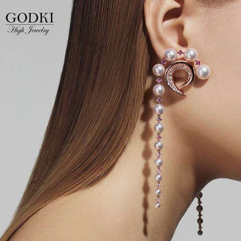 GODKI New Charms Luxury Simulate Pearl Earring For Women Full Mirco Zircon Paved Crystal CZ Dubai Nuotakos auskarų mados papuošalai