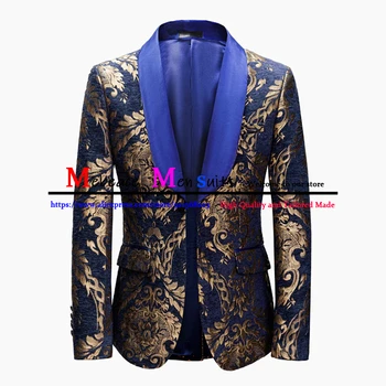 Gold Floral Jacquard Slim Fit Vyriški kostiumai 2 dalių Mėlyna skara Atvartas Jaunikio vestuvinis kostiumas Vyriška Fashion Prom Smokingo kostiumas Homme 2023