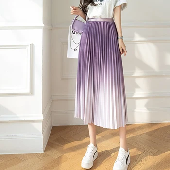 Gradiento spalvos plisuotas pusiau sijonas Moteriškas pavasaris ir vasara Nauja korėjietiška laisvos užuolaidos mados versija aukštu juosmeniu pusiau sijonas