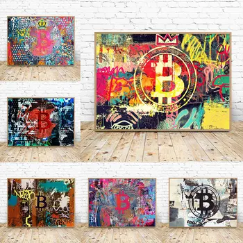 graffiti Bitcoin kriptografinis menas Drobė Tapyba Abstraktūs spalvingi plakatai Atspaudai Sienų menas HD paveikslėlis svetainei Namų dekoro dovana