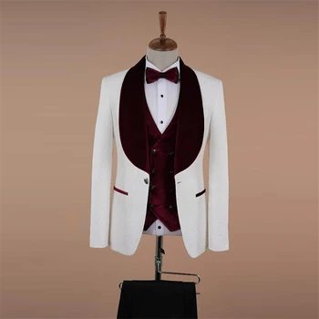Gėlių žakardo smokingo kostiumai vyrams Wedding Fit Slim Burgundy Velvet White Gentleman Jacket su liemenės kelnėmis 3 dalių vyriškas kostiumas