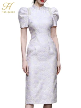 H Han Queen 2023 m. vasaros elegantiška suknelė pieštuku Moterys prašmatnios plonos paprastos suknelės su apvalkalu Vakarėlio biuras Laisvalaikio karoliukai Žakardas Vestidos