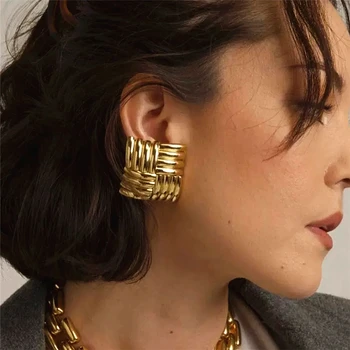 HangZhi aukso spalvos geometriniai kvadratiniai smeigės auskarai moterims Nerūdijančio plieno žavesys Netaisyklingo metalo vintažiniai dideli papuošalai madingi