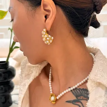 HangZhi Chunky vandens lašas Perlų auskarai Nerūdijančio plieno tuščiaviduris aukso spalva Vintažinis žavesys Dideli papuošalai moterims 2024 m Naujas dizainas