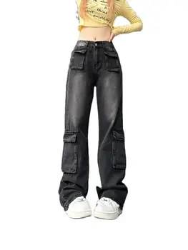 Harajuku gatvės apranga Retro mada Rudens moterys Džinsai aukštu liemeniu Laisvi plačios kojos Tiesios laisvos džinsinės kelnės Y2K Baggy Kelnės