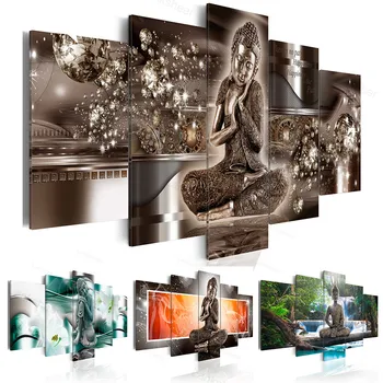 HD Hot Sell Fashion Wall Art Canvas Painting 5 Pieces Buddha Zen meditacijos peizažas Krioklys Šiuolaikinis namų dekoravimas