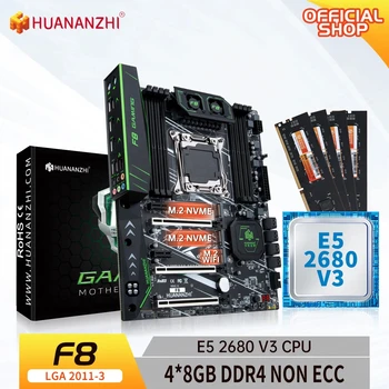 HUANANZHI X99 F8 LGA 2011-3 XEON X99 Pagrindinė plokštė su Intel E5 2680 V3 su 4*8G DDR4 NON-ECC atminties kombinuoto rinkinio rinkinys NVME SATA USB