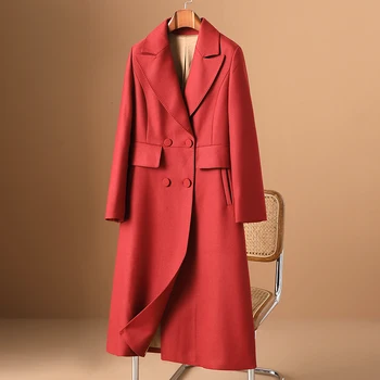 Ilgas kostiuminis paltas moterims 2023 m. ruduo Naujas kinų raudono temperamento vilnonis paltas