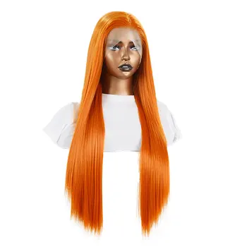 Imbieras Oranžinė spalva Sintetiniai nėriniai priekinis perukas Tiesus karščiui atsparus pluoštas Plaukai Iš anksto nupešti natūralūs plaukų linijos laisva dalis moterims