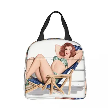 In Bikini On Deck Chair Oxford Cloth Portable Bags Pin Up Girl School Trip Lunch Hiking Debris Cooler Food Handbags