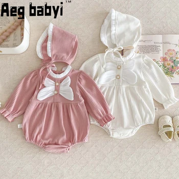 Infant Baby Girl Romper Cute Bow Long Sleeve Newborn Rompers + Hats Baby One-piece Fashion Princess Baby Girl drabužiai