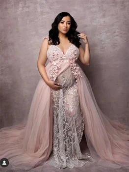 Išskirtinė motinystės prom suknelė V kaklo dirželiai Nėščiųjų aplikacijos Pajams miego drabužiai Chalatas Fotosesija Pūkuoti pakopiniai vakarėlių chalatai