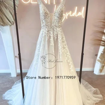 Išskirtinės vestuvinės suknelės be rankovių V kaklo aplikacija Elegantiška sagų nugarėlė Nuotakos suknelė su minkštu tiuliu vestidos de novia 2024 Nauja