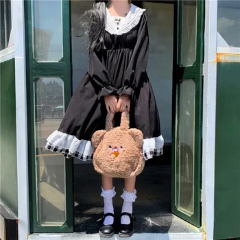 Japonų Lolitos stilius Ruduo Harajuku gotikinė juoda suknelė Moterys Jūreivio apykaklė Princesės suknelė Kawaii raukiniai Vidurio blauzdos suknelės