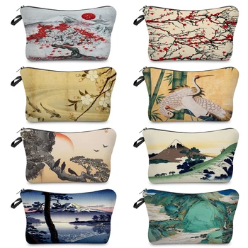 Japonų Ukiyoe dizainas Mini tualeto reikmenų krepšys Moterys Paplūdimio kelionių kosmetikos krepšys Ekologiškas daugkartinio naudojimo makiažo krepšio kranas Dizaineris