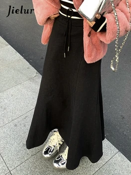 Jielur Naujas moteriškas juodas Hepburn stilius Pusiau sijonas Pavasaris Korėjos mados atsitiktinės moterys vidutinio ilgio paprastas raukinys kraštas A linijos sijonas