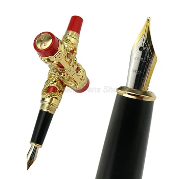 Jinhao Elegant Dragon Phoenix fontano rašiklis, metalo drožyba, reljefinis sunkus rašiklis, auksinis ir raudonas dovanų rašikliui rašyti JF003