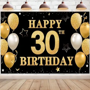 Juodasis auksas Laimingas 30-asis gimtadienis Reklamjuostė Fono dekoracijos Sveiki atvykę į 30 metų kiemo trisdešimt nuotraukų fono vakarėlių reikmenų