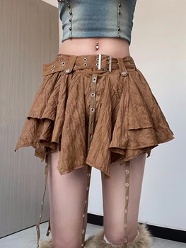 Kalevest Solid Vintage Asymmetrical Belted Plisuoti A-Line sijonai Summer 2023 Streetwear Ladies Korean Y2k Punk Brown Mini sijonas