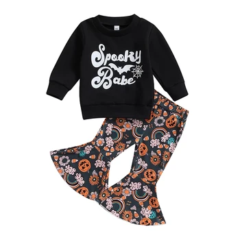 Kid Girls Pants Set Letters Print Džemperis su Rainbow Pumpkin Print Flare Pants Halloween drabužiai
