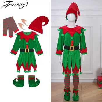 Kids Girls Boys Christmas Elf Kostiumas Xmas Kalėdų senelio pagalbininkas Puošni apranga Cosplay suknelė su skrybėlės diržo bateliais Dryžuotos kojinės