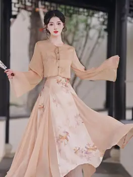 kinų stiliaus tautinio stiliaus suknelė A- linija Susiliejimas Didelės sūpynės Vintažinis spausdintas petnešos Sijonas Megztinis Dvi dalys