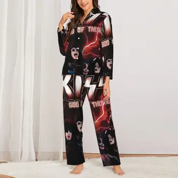 Kiss Band Pajama Sets God Of Thunder Kawaii miego drabužiai Moteriški ilgomis rankovėmis Retro Home 2 Dalių namų kostiumas Big Size XL 2XL