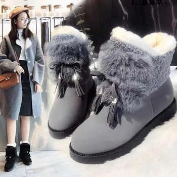 Klasikinio stiliaus sniego batai Moterų mada Pliušinis lankas PU Plokšti batai Neslidus kulkšnis Žiema Laikykite šiltą Apvalus pirštas Casual Botas Mujer