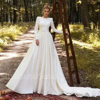 Klasikinės vestuvinės suknelės A linija Vestuviniai chalatai ilgomis rankovėmis Elegantiški moterims Nuotakos suknelė Pagal užsakymą pagamintas chalatas De Mariee 2023