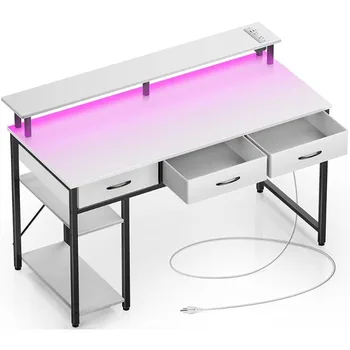 Kompiuterių stalas su maitinimo lizdais &LED šviesa, 55 colių namų biuro stalas su stalčiais ir laikymo lentynomis.