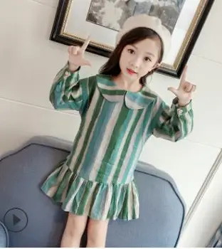 Korėjietiški vaikiški drabužiai 2018 Mergaitės krenta nauja apykakle Vertikalios juostelės Medvilninės kanapės Žuvies uodega Suknelė ilgomis rankovėmis