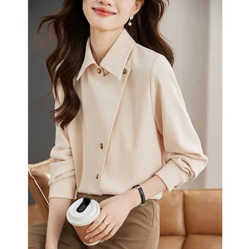 Korėjietiškos netaisyklingos įstrižos sagties palaidinės moterys 2024 Pavasario šlifavimo audinio palaidinės ilgomis rankovėmis moterims prašmatnių marškinių viršus Blusa Mujer