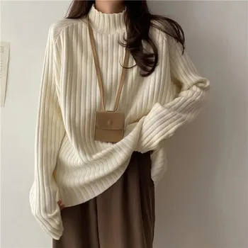 Korėjiečių mados megztiniai su vėžliais Moterys Laisvas megztas megztinis ilgomis rankovėmis 2023 Casual Basic Solid Office Lady Trikotažas Džemperis