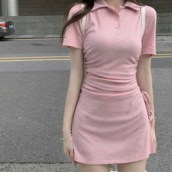 Korėjos vasaros mados trumpa mini suknelė Koledžo stilius Lapel Slim Sexy Street Dress Draw-string Thin Sheath Women Bodycon suknelė