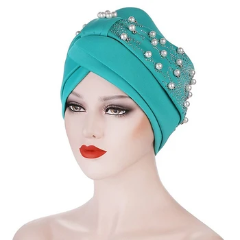 Ladies Turban Stretch Cloth Head Hats Ladies Hair Accessories Muslim Scarf Hats Hot Drill Nail Pearl Toe Kepurės