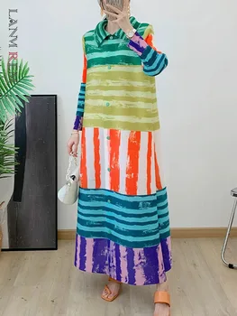 LANMREM spalvų blokas Plisuota suknelė Moterys Atlapai Viena krūtinė ilgomis rankovėmis Dryžuotas spausdinimas Maxi suknelės Moteriškos madingos 2DA3389