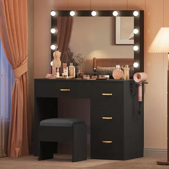 LED šviestuvai su reguliuojamu ryškumu baldų makiažo stalas su veidrodžiu anglies juodos spalvos krovininis nemokamas miegamasis namai