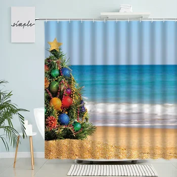 Linksmų kalėdinių dušo užuolaidų Atogrąžų vandenyno paplūdimio gamtos peizažas Kalėdų eglutė Kalėdų senelio vonios kambario dekoras su kablio ekranu
