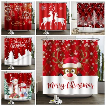 Linksmų Kalėdų 3D spausdinimas Dušo užuolaidos Poliesteris Vandeniui atsparus raudonas Festivalis Vonios aksesuarai Pelėsių apsauga vonios dekorui