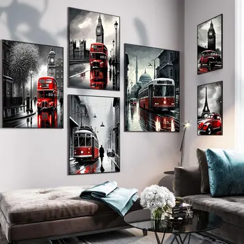 Londonas Paryžius Autobusas Automobilis Eifelio bokšto gatvė Abstraktūs plakatai ir spaudiniai Drobė Tapyba Sienų menas Paveikslas Svetainės namų dekoras