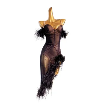 Lotynų šokių profesionali suknelė Aukščiausios klasės individualus juodas šilkas Pūkas Samba Moteris Suaugusiųjų standartinė scenos profesionali apranga
