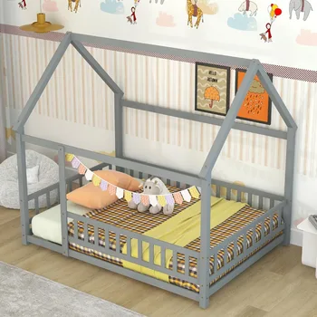 Lova, medinė lova su tvora ir stogu vaikams, pilnas lovos rėmas, pilno dydžio šeimos grindų lova, lovos rėmas