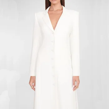 Mada Notched Single Breasted Coat Women White Solid Long Trenchcoat