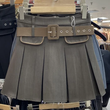 Madingi sijonai moterims Netikros kišenės Aukštas juosmuo Ištuštinta gatvės apranga Korėjietiško stiliaus A-line Spring Plisuotas sijonas Diržo dropship