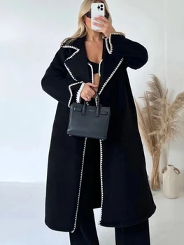 Mados siuvinėjimas Patchwork Moteriškas vilnonis paltas Rudens elegantiškas atlapas ilgomis rankovėmis Paltai 2023 Prašmatnus šiltas prabangus aukštos gatvės paltas
