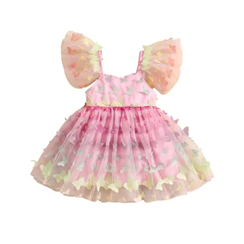 Mažylio mergaitė drugelio gradiento suknelė Skraidančios rankovės Mielaširdingas kaklas A-Line tinklinė suknelė