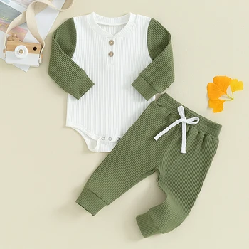Mažylis Baby Boy Girl Vafliniai rudens drabužiai Kontrastinės spalvos džemperiai Unisex ilgomis rankovėmis Viršutinės kišeninės kelnės Apranga