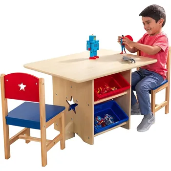 Medinis žvaigždžių stalo ir kėdės komplektas su 4 laikymo dėžėmis, vaikų baldai – raudoni, mėlyni ir natūralūs