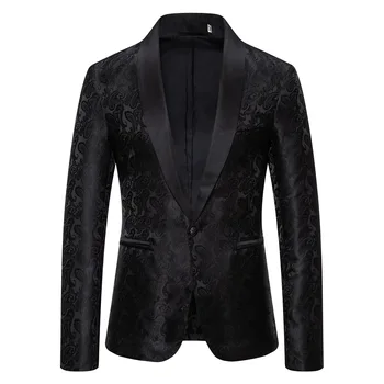 Mens Black Paisley Jacquard Blazer Suit Jacket Shawl Lapel One Button Dress Blazers Men Wedding Prom Halloween Kostiumas Homme XXL